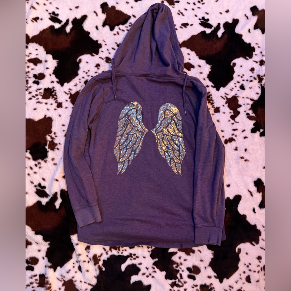 Victoria’s Secret low cut sweatshirt, purple, gold angel wings, size L